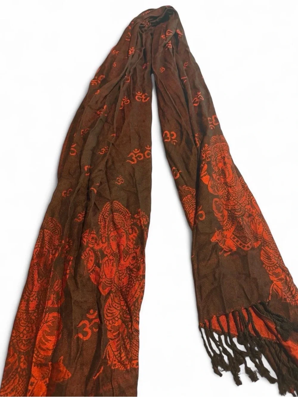 Brown & Orange Decorative Fringe Scarf with Ganesha Motif
